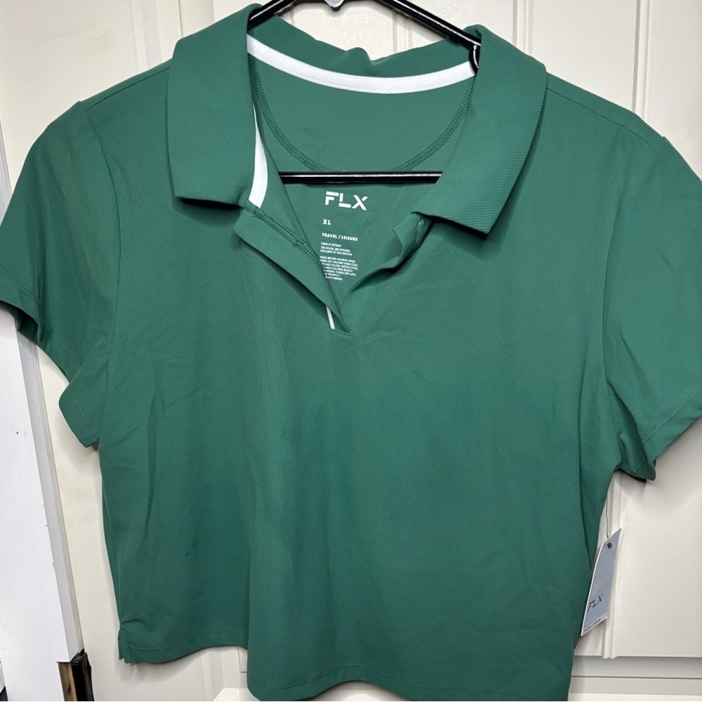 FLX XL Green Cropped Polo Shirt Short Sleeve Athletic Tennis Golf Streetwear - Picture 3 of 5